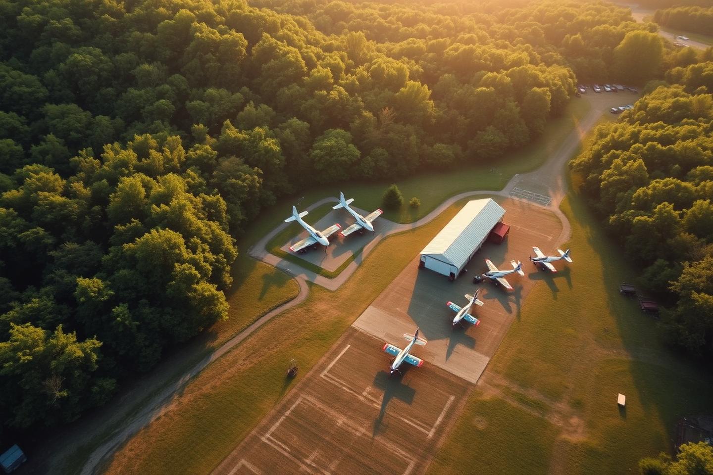 Aerial view of Silver Wings Field grass airstrip and hangar in the Ozark mountains